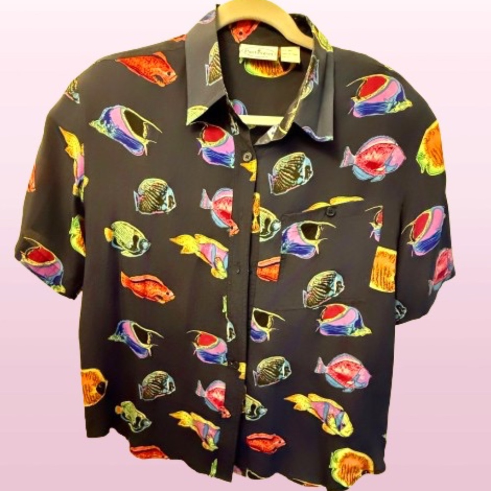 Vintage Patchington Silk Shirt L – Tropical Fish Print, Unisex, 100% Silk